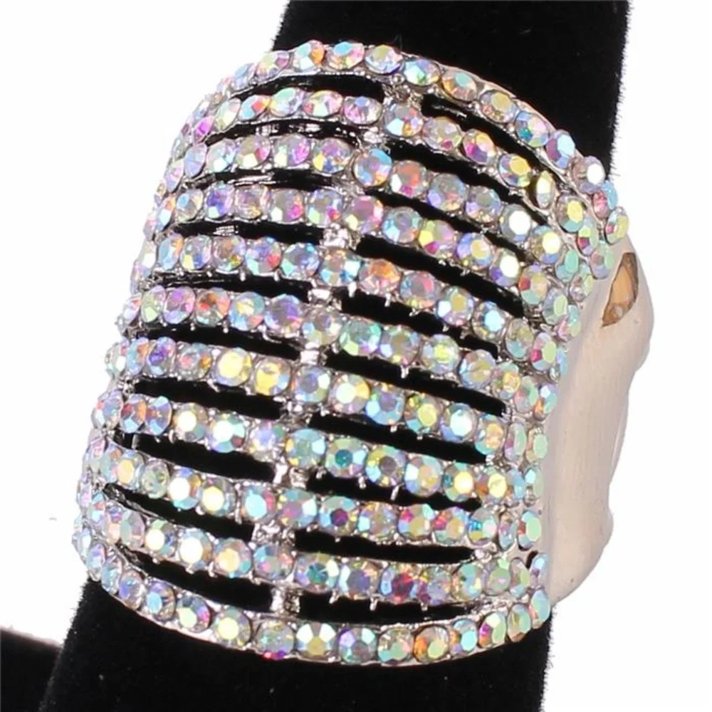 rainbow crystal rhinestone CZ statement aurora borealis cocktail ring silver